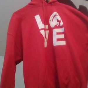 Cute Slightly used Red LOVE horse shoe hoodie with pockets. And hoodie strings